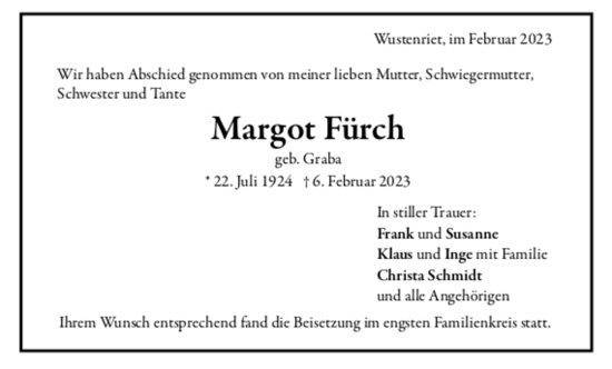 Todesanzeige von Margot Fürch von trauer.de