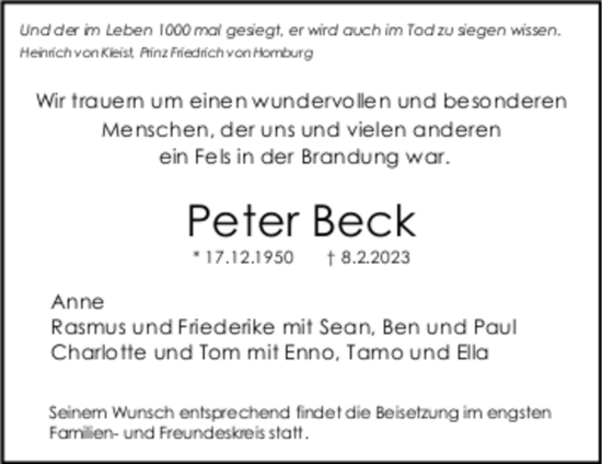 Todesanzeige von Peter Beck von trauer.de