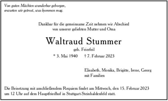 Todesanzeige von Waltraud Stummer von trauer.de