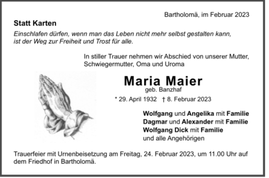 Todesanzeige von Maria Maier von trauer.de