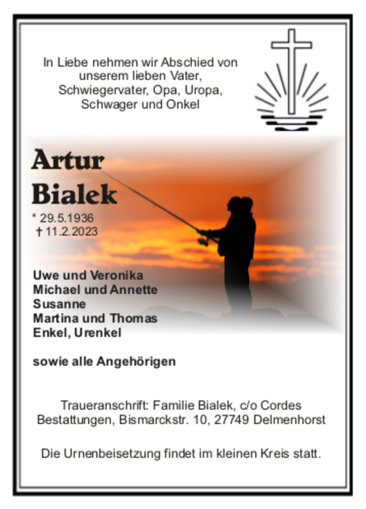  Traueranzeige für Artur Bialek vom 18.02.2023 aus trauer.de