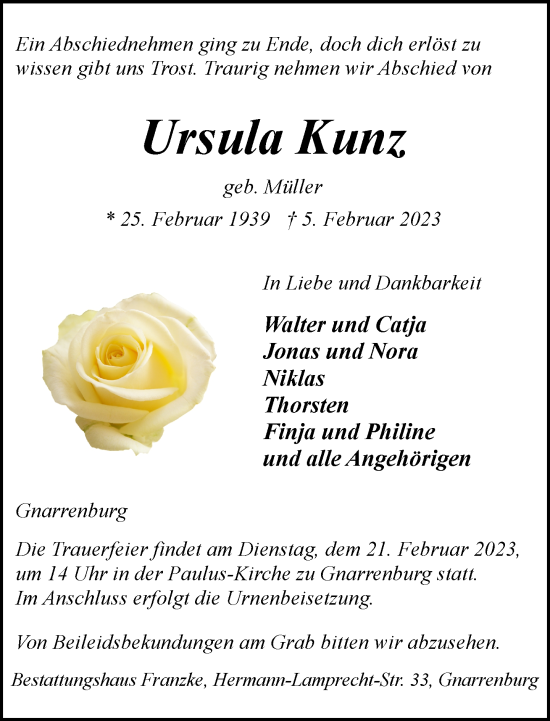 Todesanzeige von Ursula Kunz von trauer.de