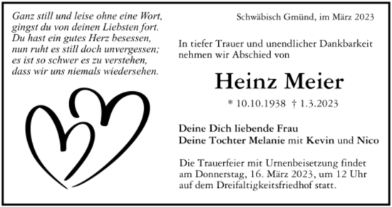 Todesanzeige von Heinz Meier von trauer.de