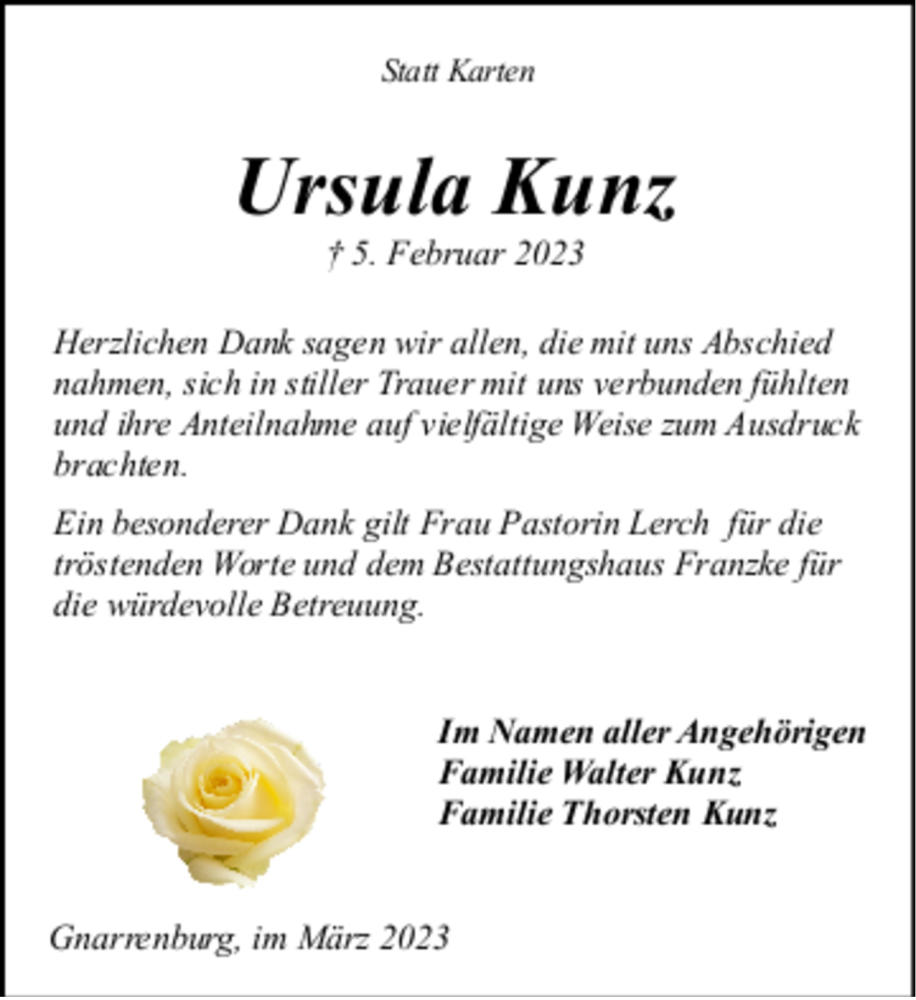  Traueranzeige für Ursula Kunz vom 25.03.2023 aus trauer.de