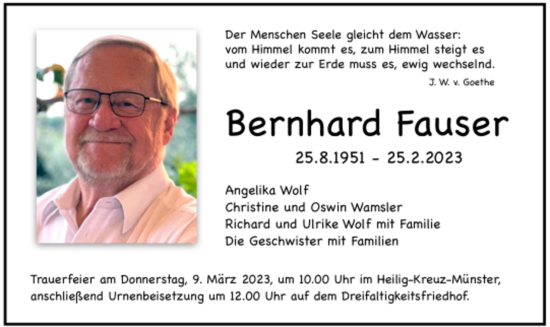 Todesanzeige von Bernhard Fauser von trauer.de