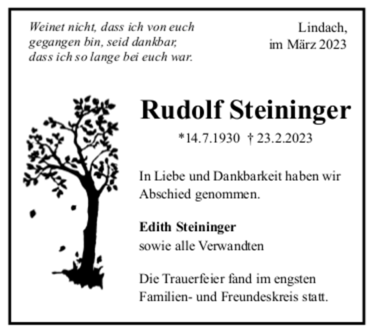 Todesanzeige von Rudolf Steiniger von trauer.de