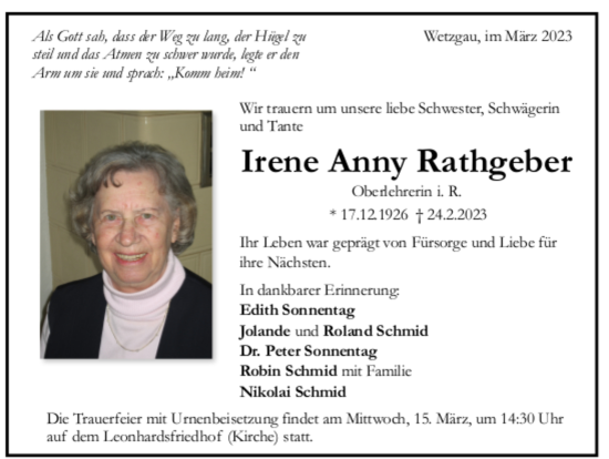 Todesanzeige von Irene Anny Rathgeber von trauer.de