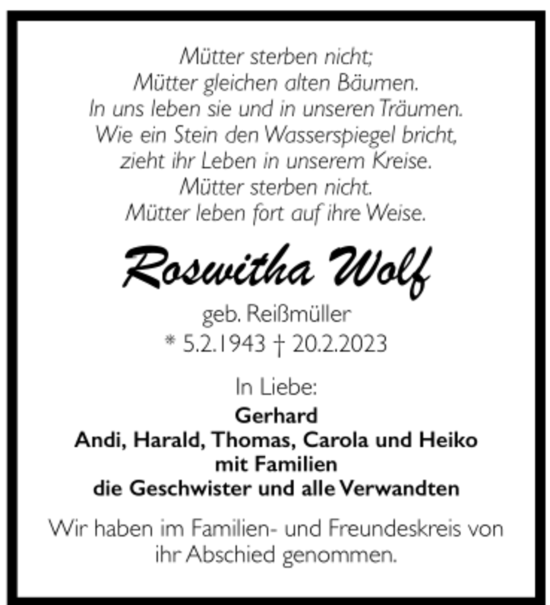Todesanzeige von Roswitha Wolf von trauer.de