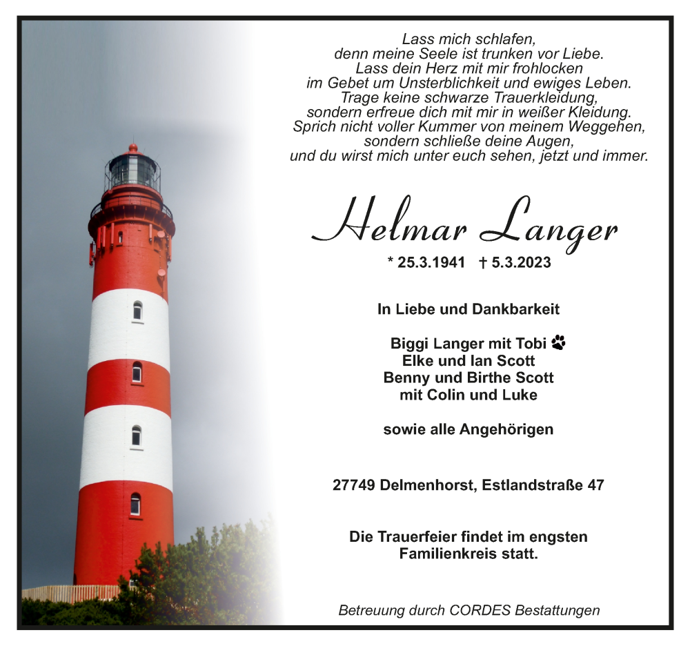  Traueranzeige für Helmar Lange vom 11.03.2023 aus trauer.de