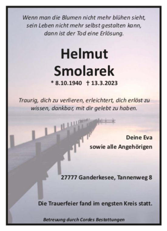 Todesanzeige von Helmut Smolarek von trauer.de