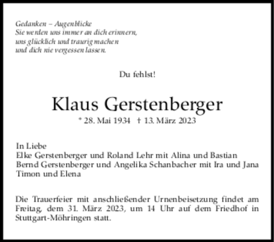 Todesanzeige von Klaus Gerstenberger von trauer.de