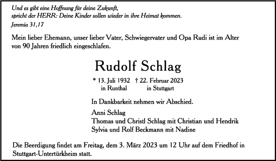 Todesanzeige von Rudolf Schlag von trauer.de