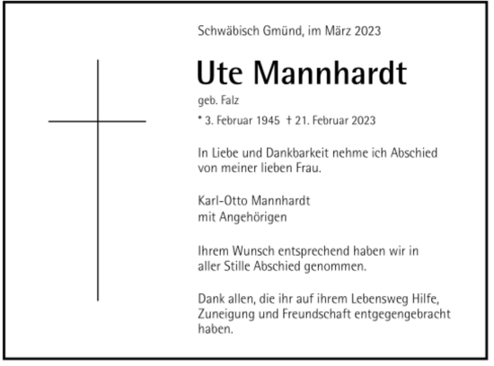 Todesanzeige von Ute Mannhardt von trauer.de