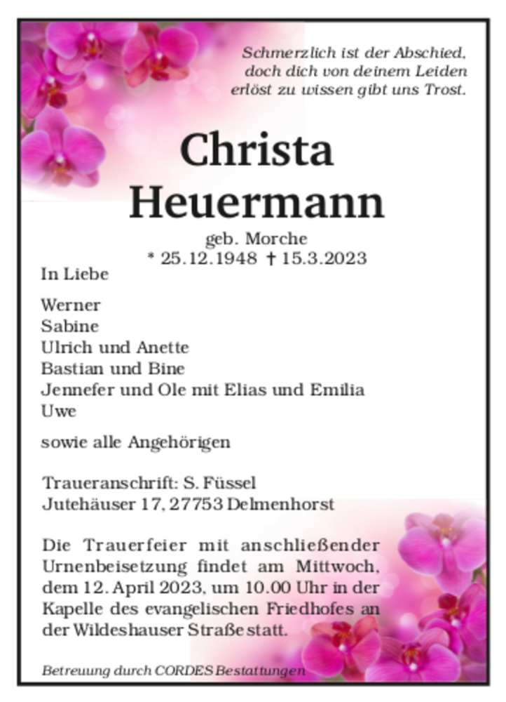  Traueranzeige für Christa Heuermann vom 25.03.2023 aus trauer.de