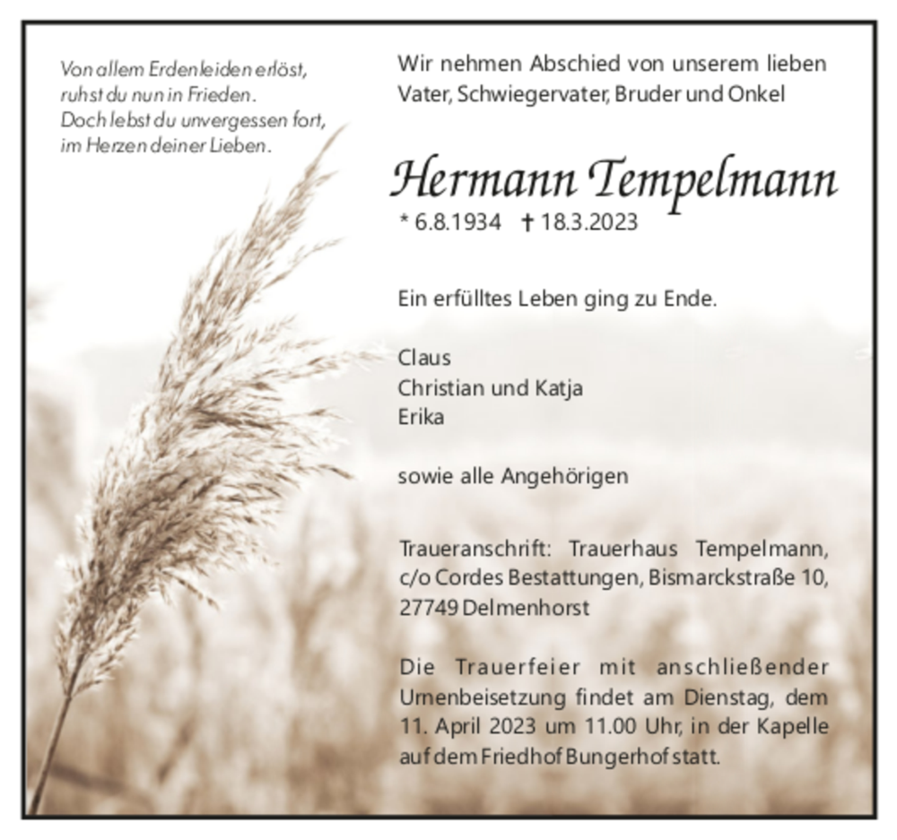  Traueranzeige für Hermann Tempelmann vom 25.03.2023 aus trauer.de