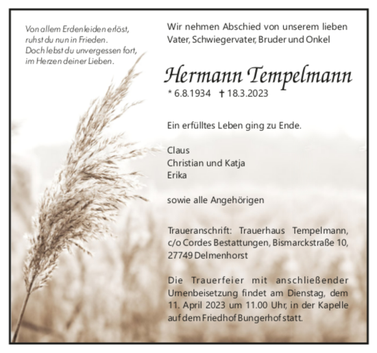 Todesanzeige von Hermann Tempelmann von trauer.de