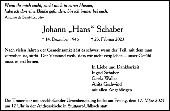 Todesanzeige von Johann Schaber von trauer.de
