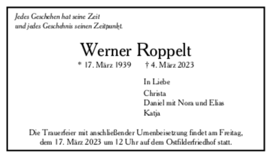 Todesanzeige von Werner Roppelt von trauer.de