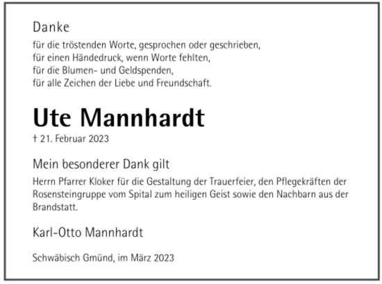 Todesanzeige von Ute Mannhardt von trauer.de