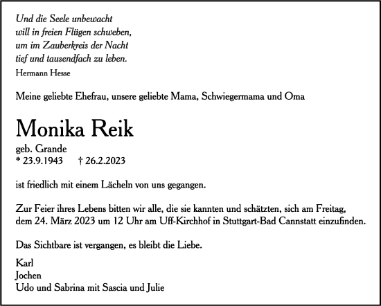 Todesanzeige von Monika Reik von Trauer.de