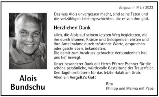 Todesanzeige von Alois Bundschu von trauer.de