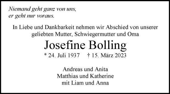 Todesanzeige von Josefine Bolling von trauer.de