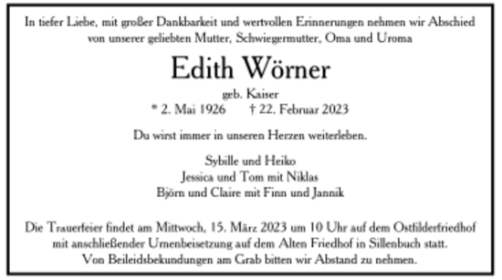 Todesanzeige von Edith Wörner von trauer.de