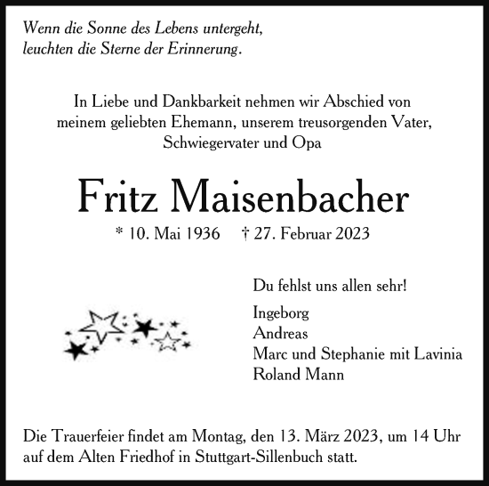 Todesanzeige von Fritz Maisenbacher von trauer.de