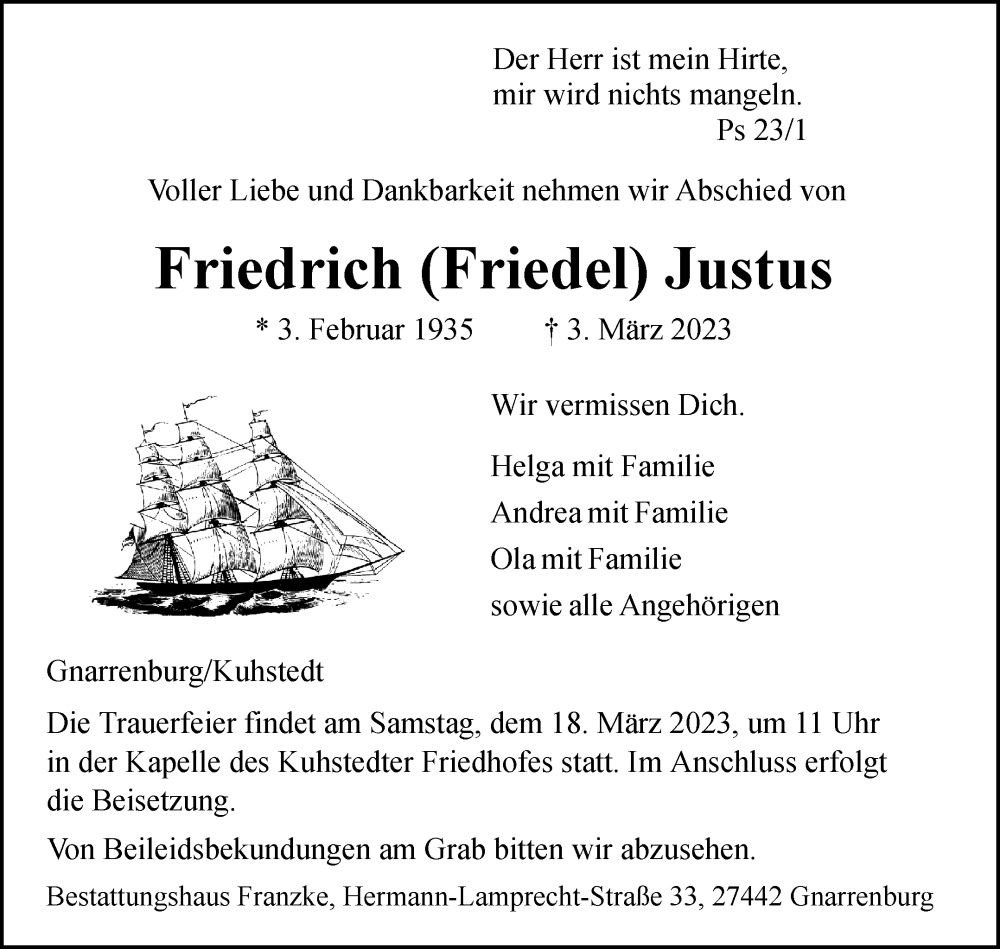  Traueranzeige für Friedrich Justus vom 11.03.2023 aus trauer.de