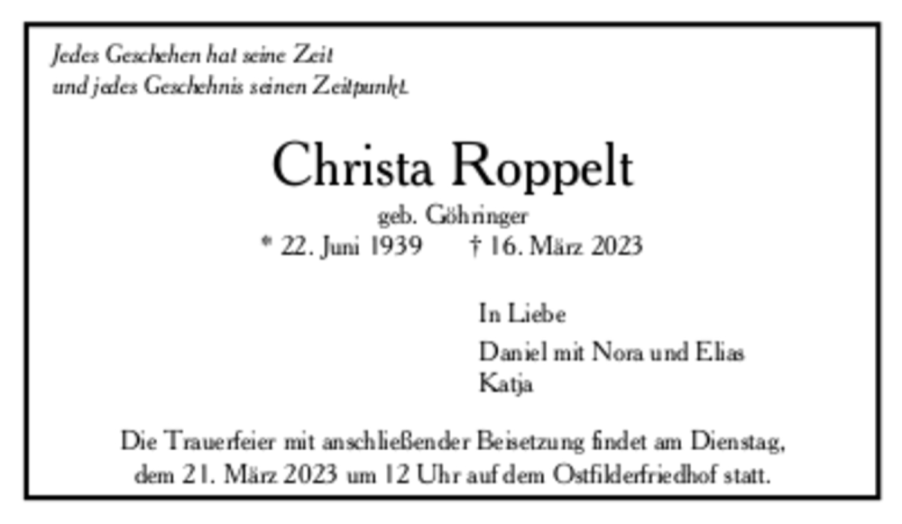  Traueranzeige für Christa Roppelt vom 18.03.2023 aus Trauer.de