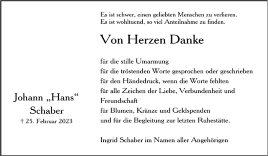 Todesanzeige von Johann Schaber von trauer.de
