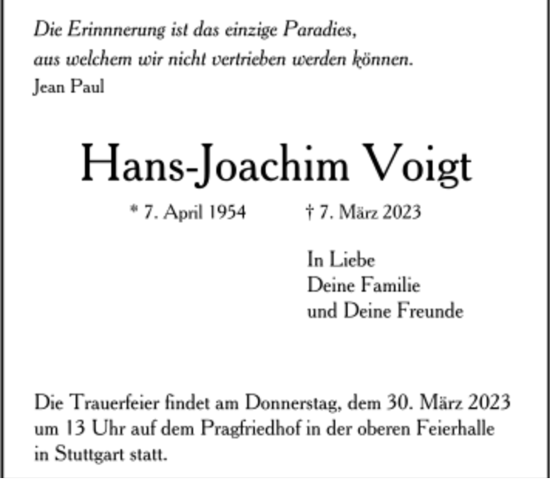 Todesanzeige von Hans-Joachim Voigt von trauer.de