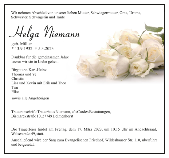 Todesanzeige von Helga Niemann von trauer.de