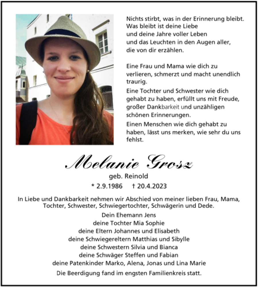  Traueranzeige für Melanie Grosz vom 29.04.2023 aus Trauer.de