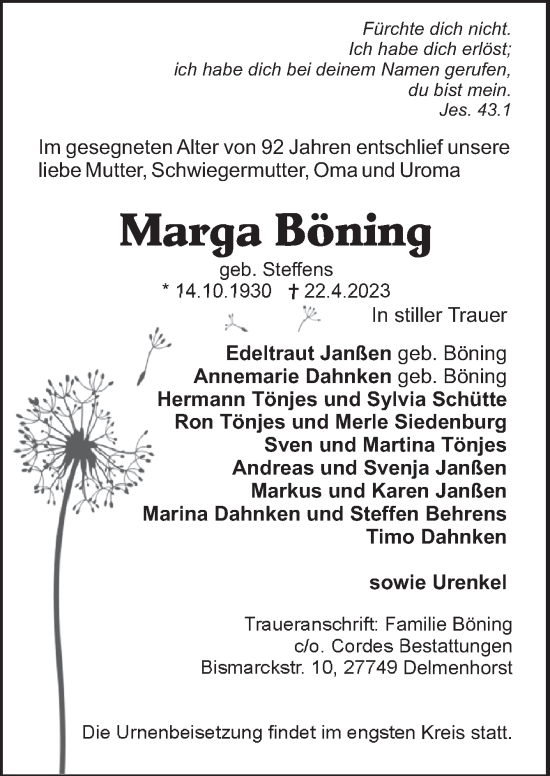 Todesanzeige von Marga Böning von Trauer.de
