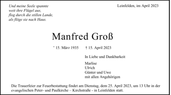Todesanzeige von Manfred Groß von trauer.de