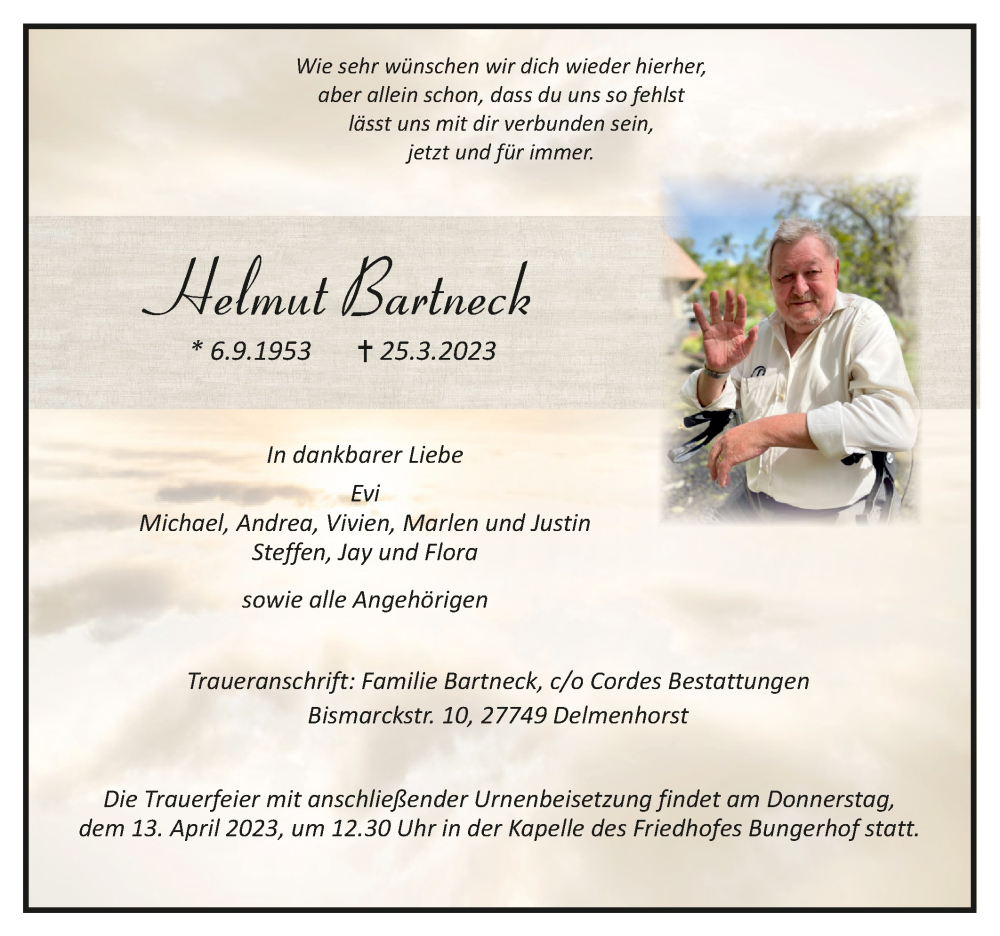  Traueranzeige für Helmut Bartneck vom 01.04.2023 aus trauer.de