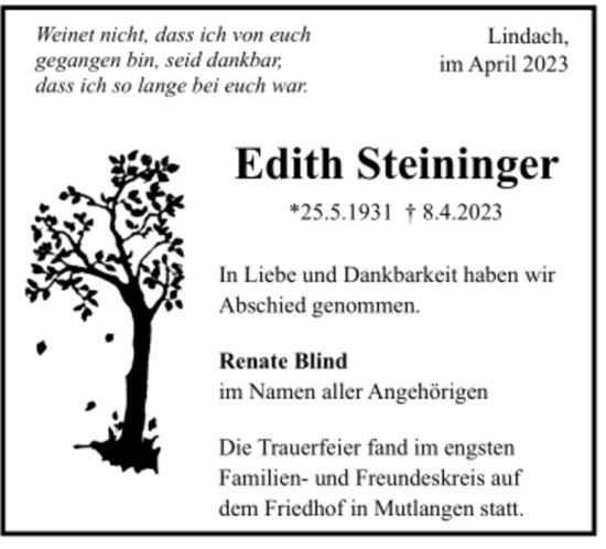 Todesanzeige von Edith Steininger von trauer.de