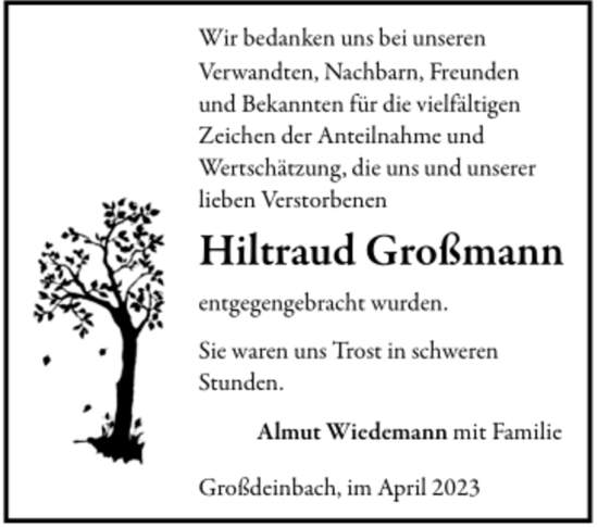 Todesanzeige von Hiltraud Großmann von trauer.de
