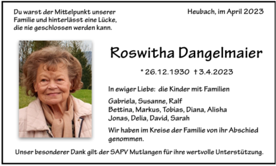 Todesanzeige von Roswitha Dangelmaier von Trauer.de