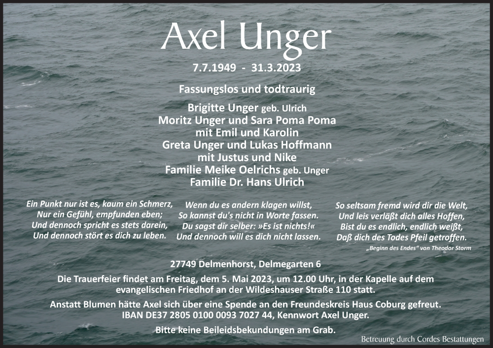  Traueranzeige für Axel Unger vom 22.04.2023 aus Trauer.de