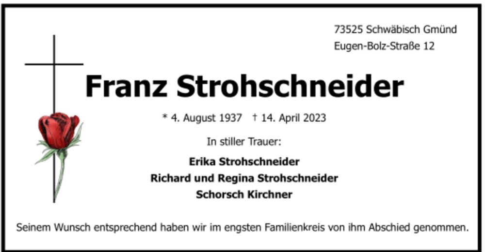  Traueranzeige für Franz Strohschneider vom 26.04.2023 aus trauer.de