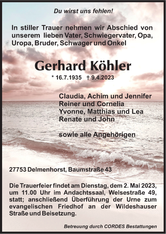 Todesanzeige von Gerhard Köhler von Trauer.de