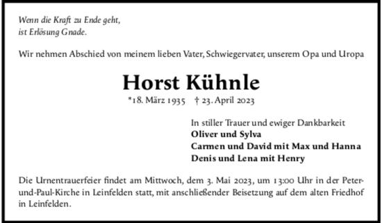 Todesanzeige von Horst Kühnle von trauer.de