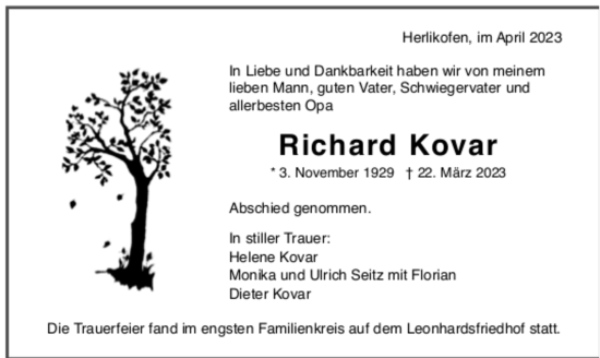 Todesanzeige von Richard Kovar von trauer.de