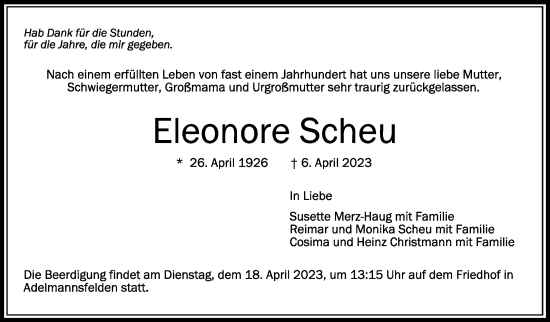 Todesanzeige von Eloneore Scheu von trauer.de