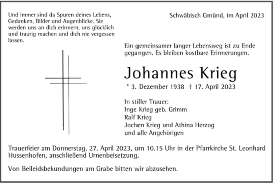 Todesanzeige von Johannes Krieg 