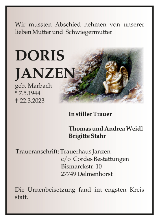 Todesanzeige von Doris Janzen von trauer.de