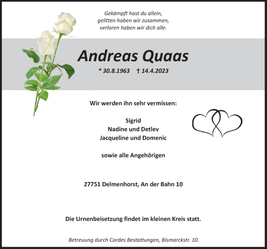 Todesanzeige von Andreas Quaas von Trauer.de