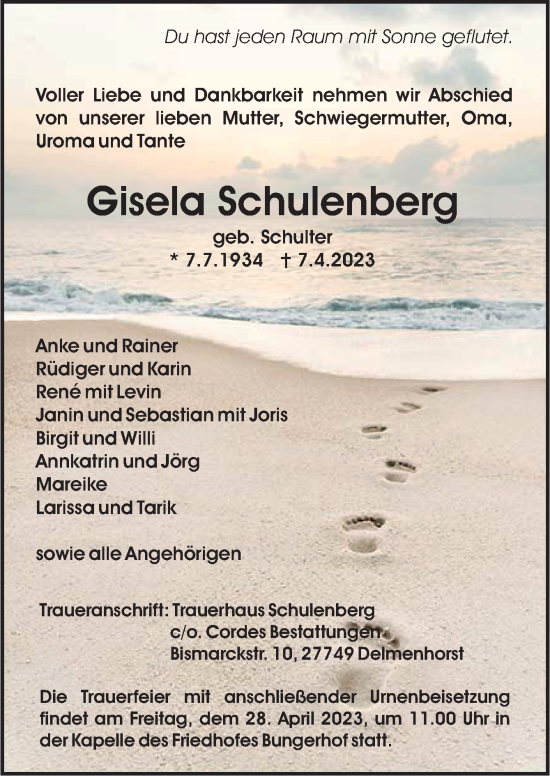 Todesanzeige von Gisela Schulenberg von trauer.de